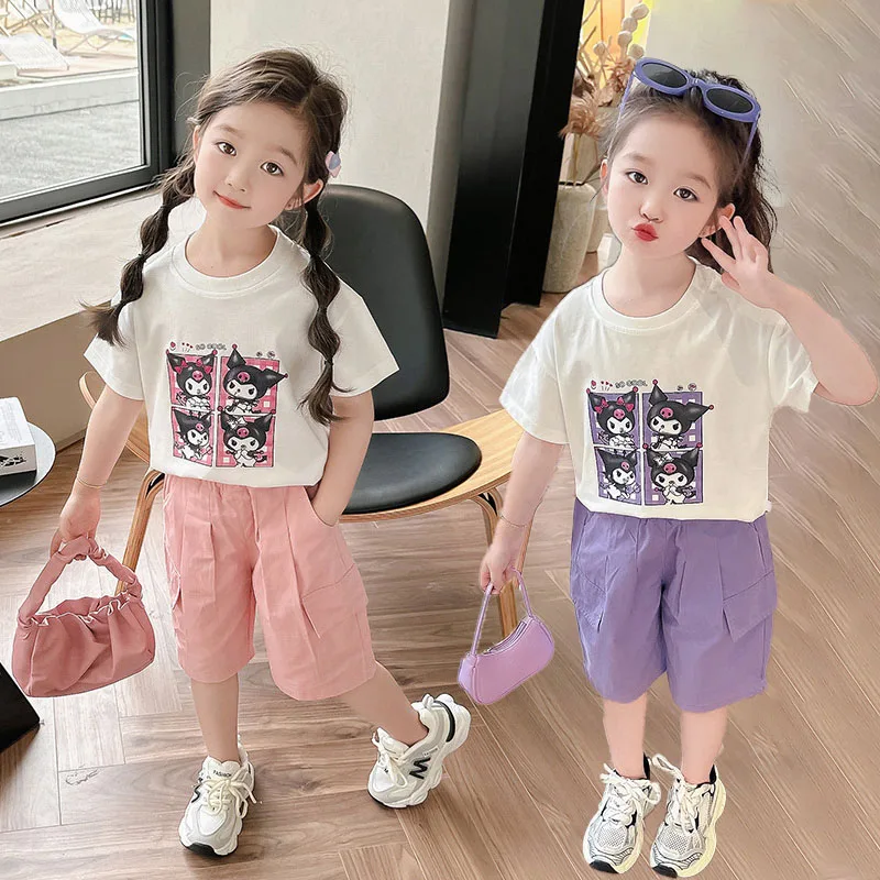 

2Pcs Anime Sanrios Kuromi Children's Sports Suit Fashion Short Sleeve Shorts Two Piece Cartoon T-Shirt Summer Children's Clothes