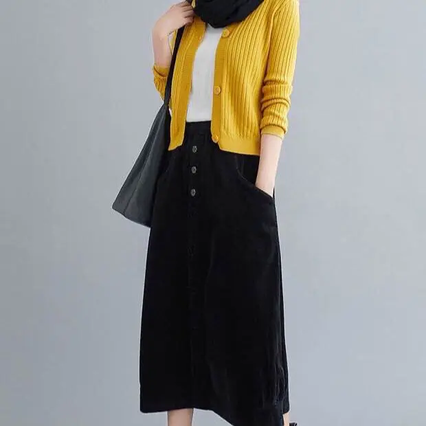 

Women Bud Skirts Corduroy Skirt Midi Skirt High Waist Elasticity Casual Solid Color Pockets Loose Skirt Spring Autumn 2023 T487