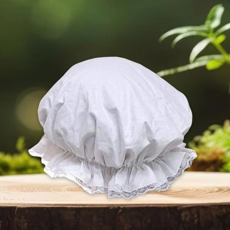 Women Breathable Satin Lace Bonnet Lady White Elastic Brim Maid Hat for Stage Role Playing and Halloween Costume Cosplay Props 4