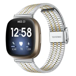 Elegant Stainless Steel Strap Bracelet Replacement Wristband Accessories - Fitbit Versa3 4 (Silver Gold)