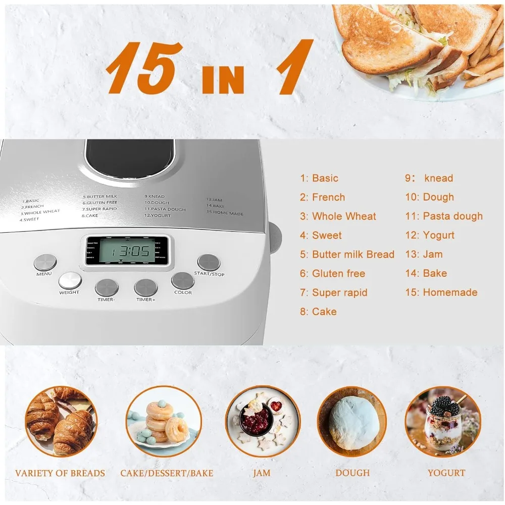 Bread Maker Machine 3.3LB Dough Maker,15-in-1 Automatic Bread Machine Maker with Nonstick Bowl, 4