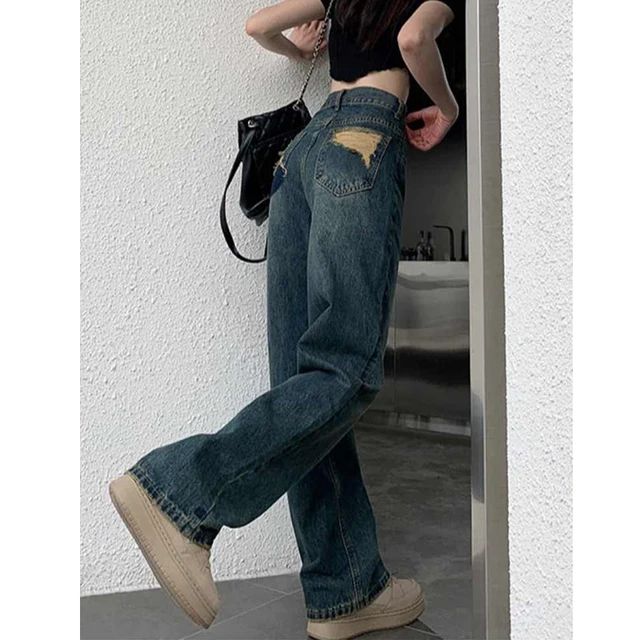 Jean à jambes larges pour femmes, taille haute, contrasté, jambe droite, pantalon ample, Streetwear, automne 4
