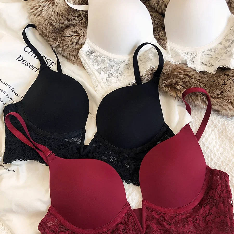 

Bra Deep-V Neck Push Up Adjustable Brassiere Women Sexy Dress Lace Lingerie Girls White Seamless Intimate Pure Color