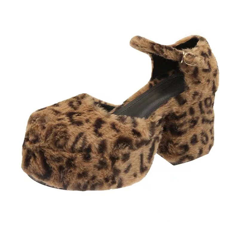 

Fashion Women's Faux Fur Leopard Pattern High Heels Pumps Platform Shoes Round Toe