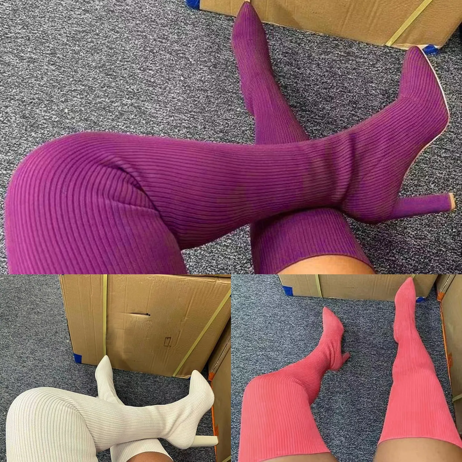 

Женские ботинки на высоком каблуке, сезон осень-зима, модные удобные эластичные вязаные однотонные ботинки на толстом каблуке с острым носком