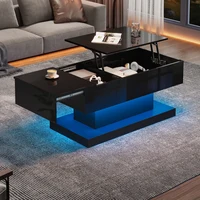 Table à thé élévatrice moderne à haute brillance Table basse LED 100x50x45 Cm avec éclairage LED, plateau de table semi-ascenseur et design coulissant latéral 1
