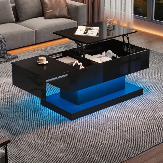 Table à thé élévatrice moderne à haute brillance Table basse LED 100x50x45 Cm avec éclairage LED, plateau de table semi-ascenseur et design coulissant latéral 1