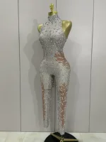 Sexy Sparkly Rhinestones Sleeveless Sheath Jumpsuit Women Celebrate Evening Birthday Party Nightclub Dance Luxury Stage Outfit - Image 2