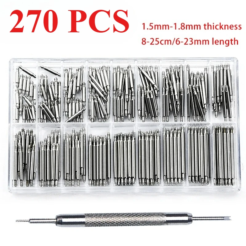Deluxe Stainless Steel Spring Bar Assortment Kit for Watchband Repair (270 Pieces)