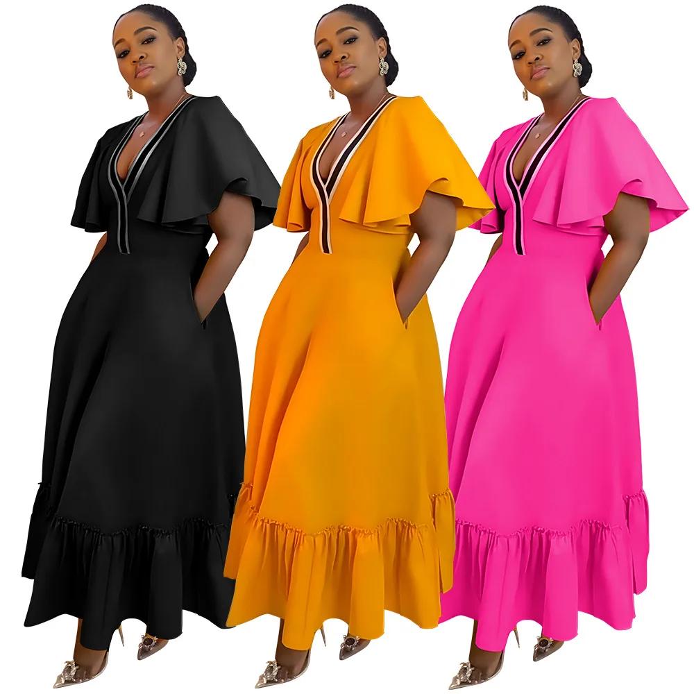 

2024 Plus Size Women Dress Sexy V-neck Ruffled Sleeves Patchwork Ruffles High Waist A Line Casual Dresses