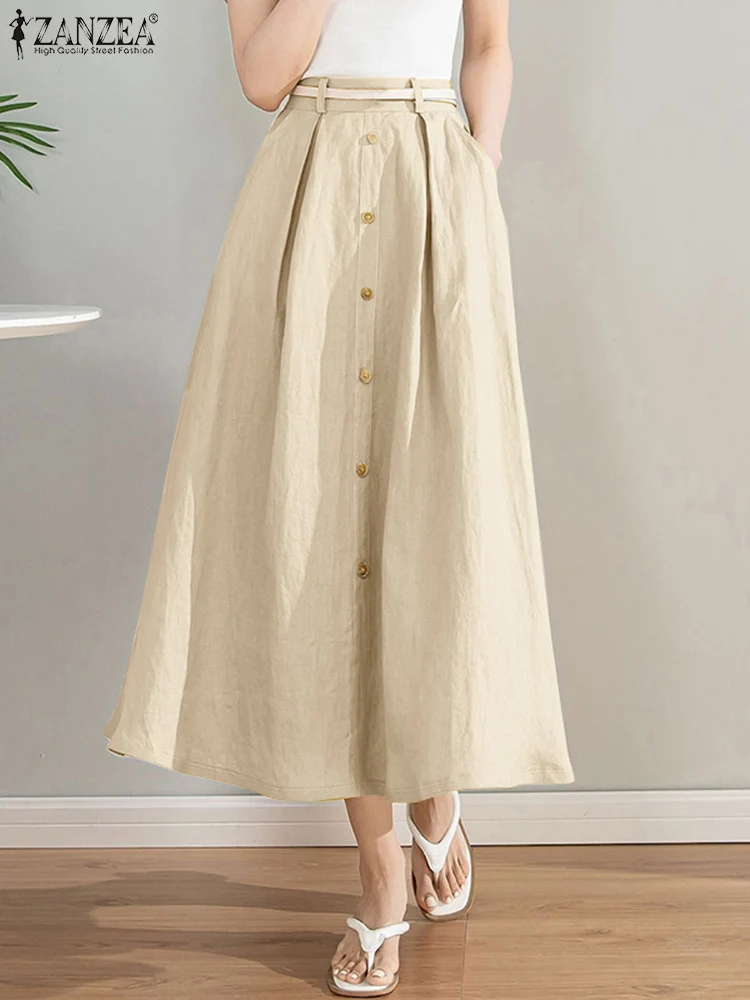 

ZANZEA Elegant Cotton Plain Long Jupe High Waist Women Skirts Casual Loose Office Wear A-line Midi Skirt Oversize Leisure Faldas