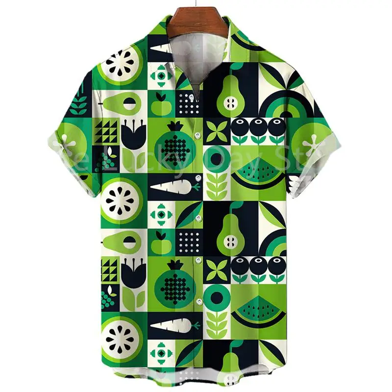 thumbnail image 1 of Camisas hawaianas con estampado de frutas a la moda para hombre, camisa informal de manga corta con estampado 3D de talla grande para hombre, camisa hawaiana de playa de verano, 1 of 4