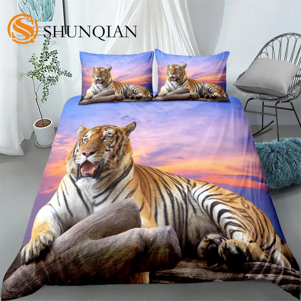 

Sunset Tiger 3d Duvet Cover Set Single Size Bed Linen Set Comforter Bedding Set Soft Quilt Cover and Pillowcases for Teens