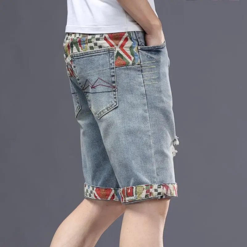 

2024 Elastic five-point denim shorts men's summer embroidery Korean version loose straight slim casual Korean version