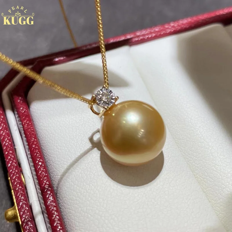 

KUGG 18K Yellow Gold Necklace 12-13mm Natural South Sea Gold Pearl Pendant Luxury Style Exquisite Wedding Jewelry for Women