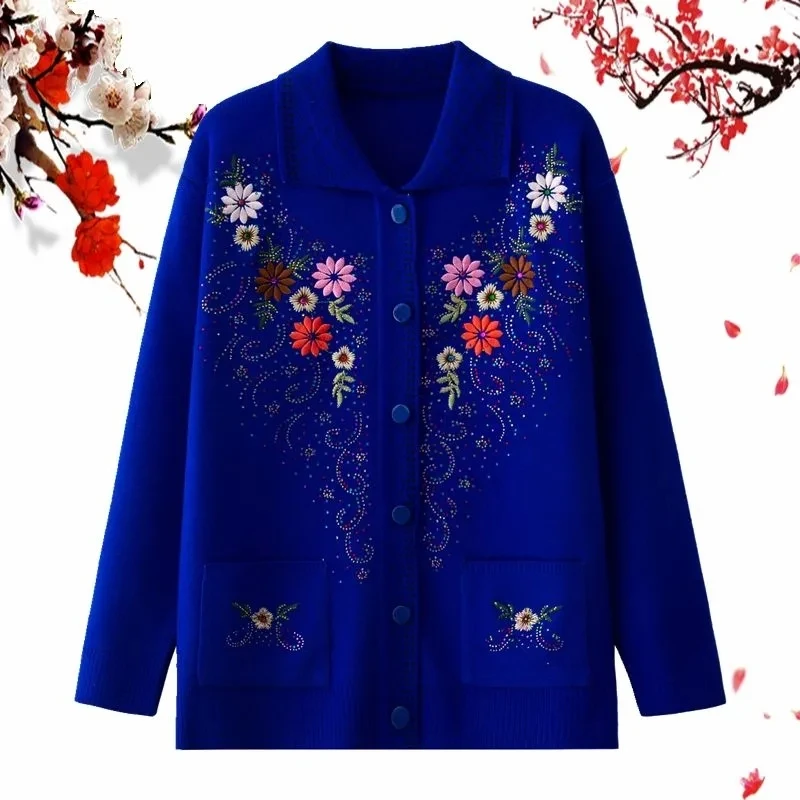 

Middle-aged and elderly women new spring autumn knitt sweater cardigan buttoned loose leisure embroidered sweater coat A974