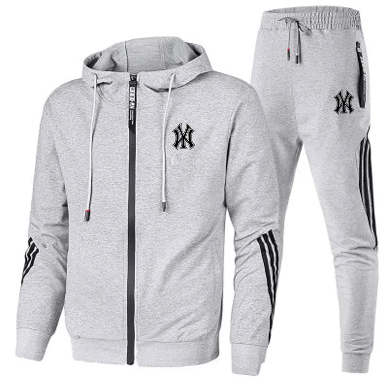 Fashion Tracksuit Men Suit Autumn New Zipper Cardigan Jacket+Sweatpants Stripe Running Fitness Basketball Jogging 2 Piece Set autumn winter men s king print tracksuit hoodie