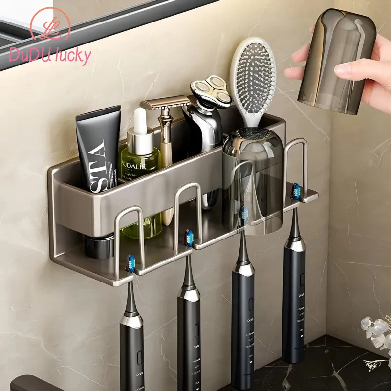 

Tooth-Brushing Cup and Set Storage Set Electric Toothbrush Rack Bathroom Wall Hanging Family Gargle Cup Rack Punch-Free