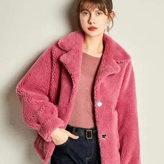 

Granular Wool Shearling Spring and Autumn Women's Coat Lamb Wool Short Suit Collar Faux Fur Coat