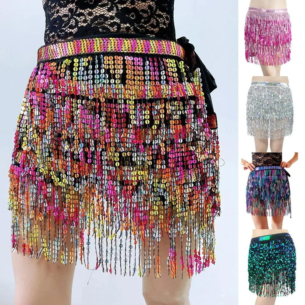 

Sexy Short Skirt Women Tassel Shiny Dress Sequin Belly Dance Hip Scarf India Rave Stage Performance Female Costume