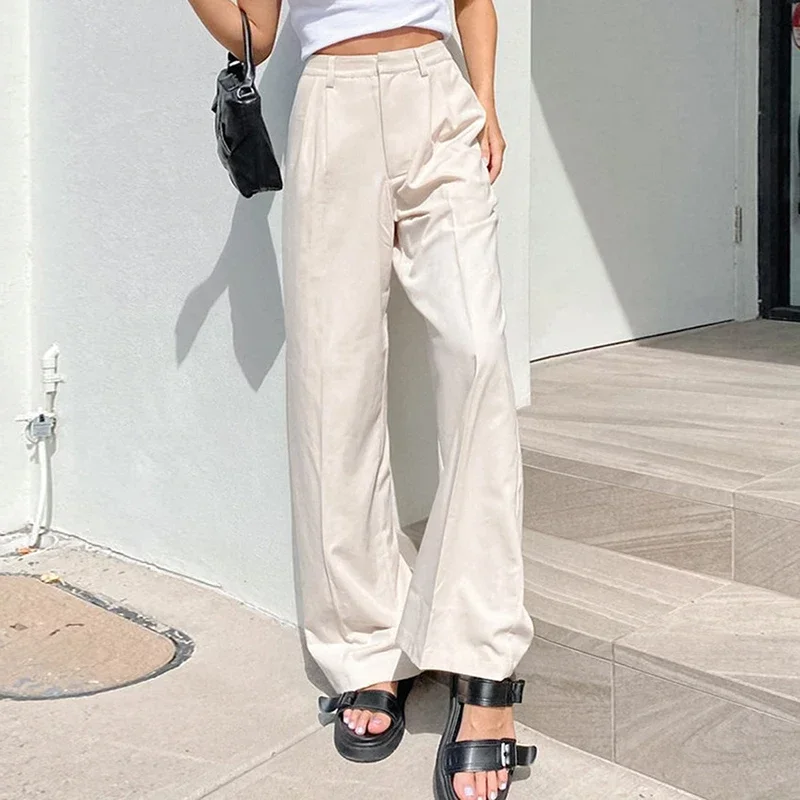 2024 Summer High Waist Wide Beige Casual Long Pants New Temperament Thin Loose Solid Color Suit Wide Leg Pants Fashion Trousers