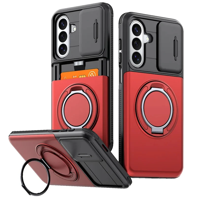 Magnetic Armor Card Wallet Case with Phone Ring Holder Cover