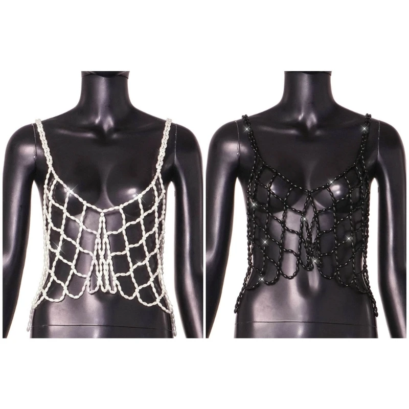 

Women's Sexy Hollowed Pearl Top Sleeveless Spaghetti Straps Crop Top Shirt for Nighclub Party Raves Outfit Gifts