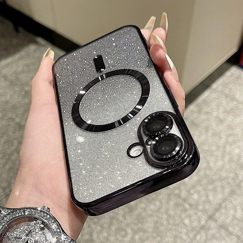 Coque de téléphone souple magnétique à paillettes de luxe pour iPhone 16 15 14 13 12 11 Pro Max Plus, coque de chargement sans fil antichoc_voghion.com
