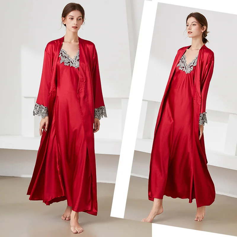 Women's Spring Autumn and Winter Long Style Robes with Sleepwear Nightgown Two-Piece Silk Sexy Comfortable Pajamas Homewear Suit | Женская