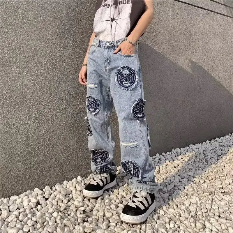 American retro embroidered jeans men's spring versatile pants high street loose straight leg workwear pants cargo pants
