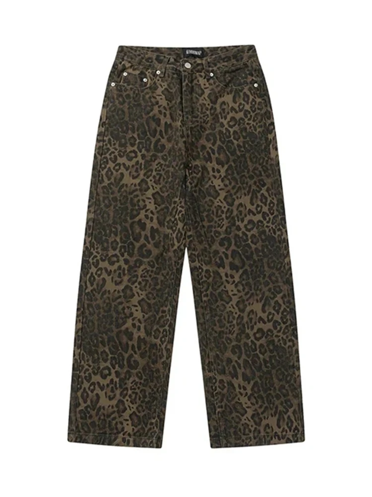 Houzhou Tan Leopard Jeans Frauen Jeans hose weibliche übergroße Hose mit weitem Bein Streetwear Hip Hop Vintage Kleidung locker lässig