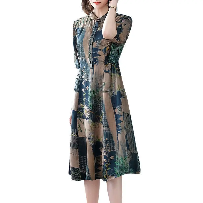 

Summer New Round Neck Fashion Short Sleeve Midi Dress Women High Street Casual Elegant Dresses Vintage Printing Button Vestidos