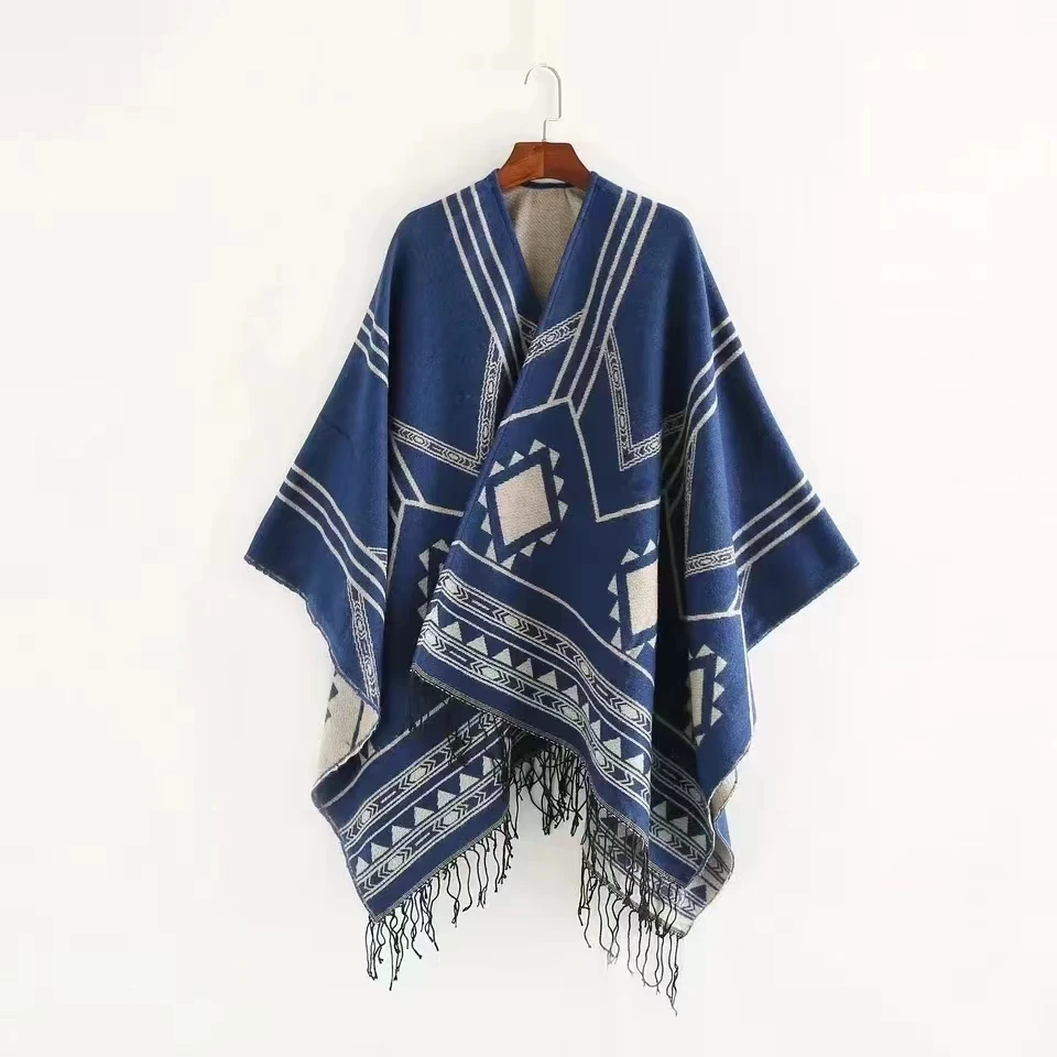 

2024 New Indian Nepalese Style Geometric Tassel Split Women Shawl Warm Air Conditioning Room Lady Cloak Poncho Capes Black Khaki