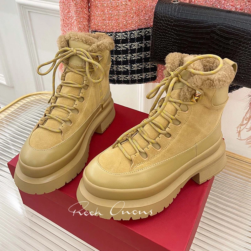 

New 2023 Women Snow Boots Autumn Metal Rivet Decor Design Thick Bottom Ankle Boots Lace-up Height Increasing Female Shoes
