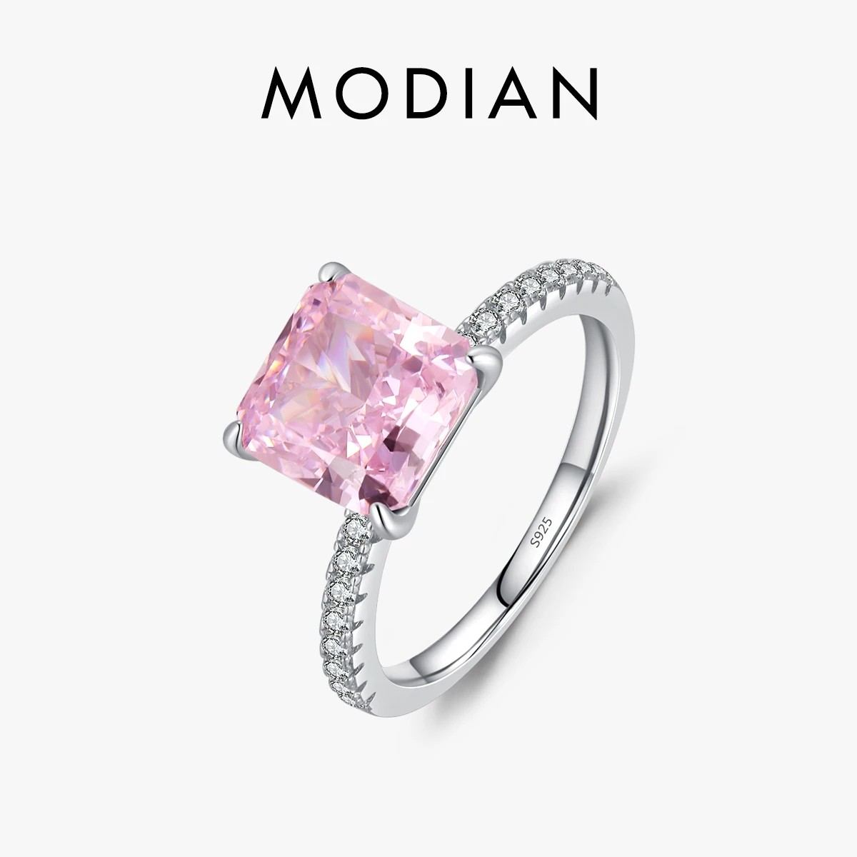 

MODIAN 925 Sterling Silver Pink Crushed Ice Cut 2ct Square Sparkling Ring For Platinum Plated Women Classic Wedding Jewelry Gift