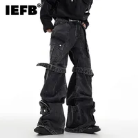 IEFB Multi-pocket Jeans Three-dimensional Lace-up Design Wide-leg Overalls 2024 Autumn Streetwear Black-grey Denim Pants 24X1350 1