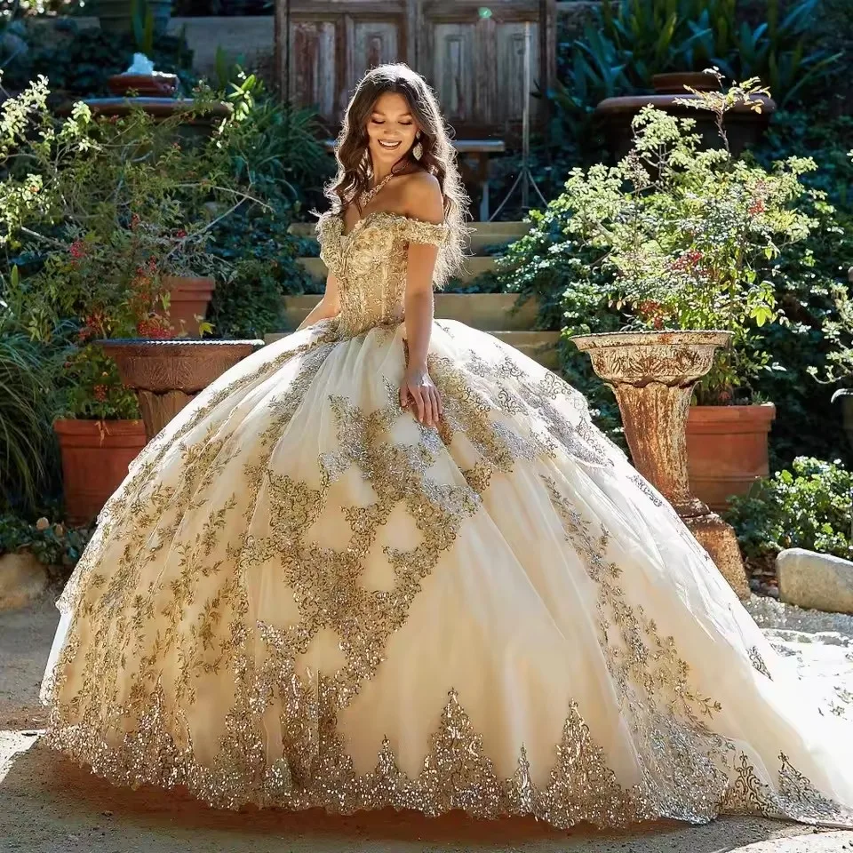 CustomizedVestido De 15 Anos Champagne Ball Gown Quinceanera Dress Gold Lace Appliqued Beaded Sweet 15 Party Dress Vestido De