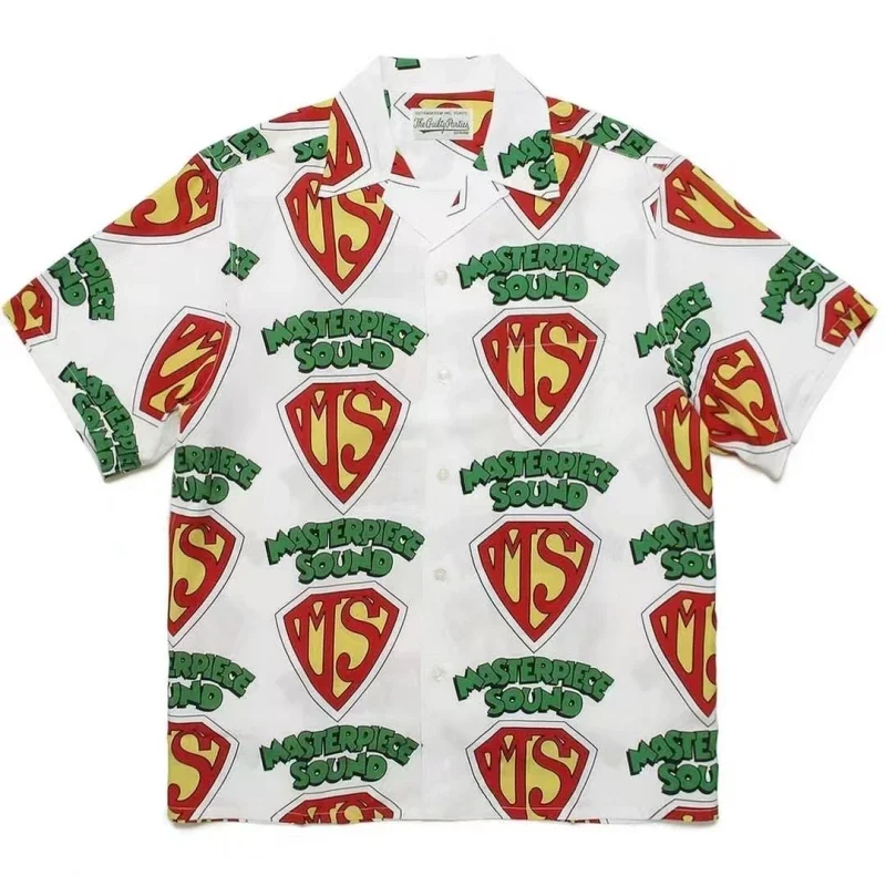 

Summer Sun Pattern WACKO MARIA Lapel Collar Shirt Men Women Top Quality Digital Printing White Hawaiian Shirts Short Sleeve Tee