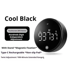 Rechargeable Rotary Digital Timer with Magnetic Stand and Display (Cool Black)
