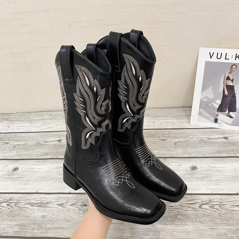 

Fashion Embossed Microfiber Leather Women Boots Pointed Toe Western Cowboy Boots Women Knee-High Boots Chunky Wedges