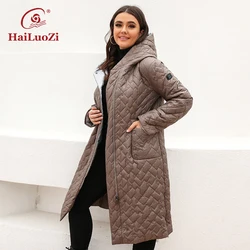 HaiLuoZi New Spring Jacket For Women 2022 Long Female Coat Warm Plus Size Parkas Fashion Belt Design Hooded Quilted Outwear 7081