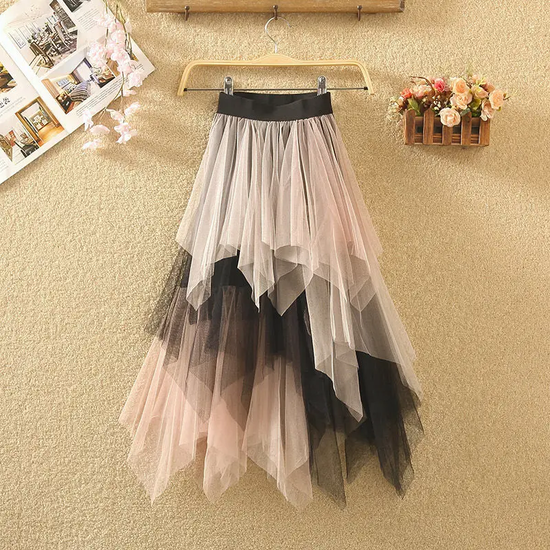 

New Skirt Long Tutu Tulle Skirt Women Fashion 2024 Summer Korean Irregular Contrast Color High Waist Pleated Maxi Skirt Female