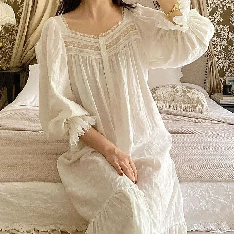 

Patchwork Pajamas Long Loungewear Ruffle Women Sleeves New Female Nightdress Home Cotton Vintage Dress French Girls Looose Lace