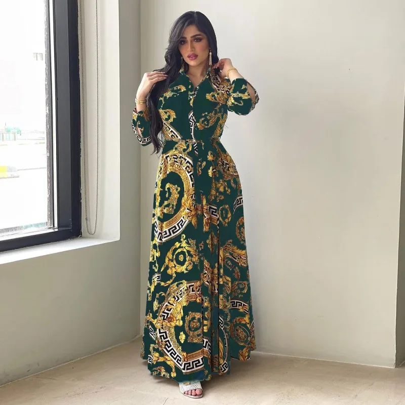 European and American Middle East Swing Women's Clothing Printed Shirt Dress abayas for women  muslim sets  dress