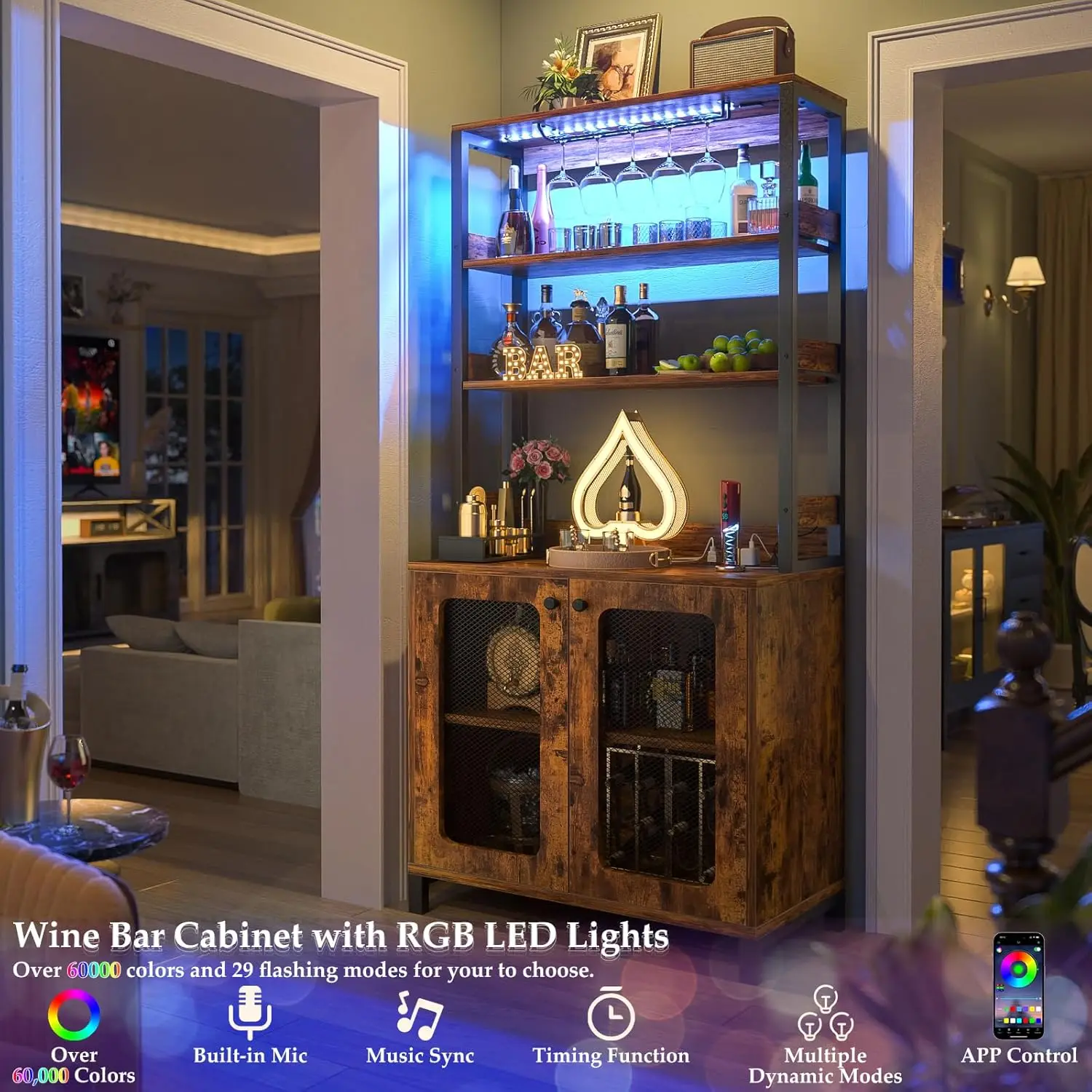 Bar Cabinet with Power Outlets, 67" Tall Wine Bar Liquor Cabinet with LED Lights & Glass Holder, Coffee Bars Station