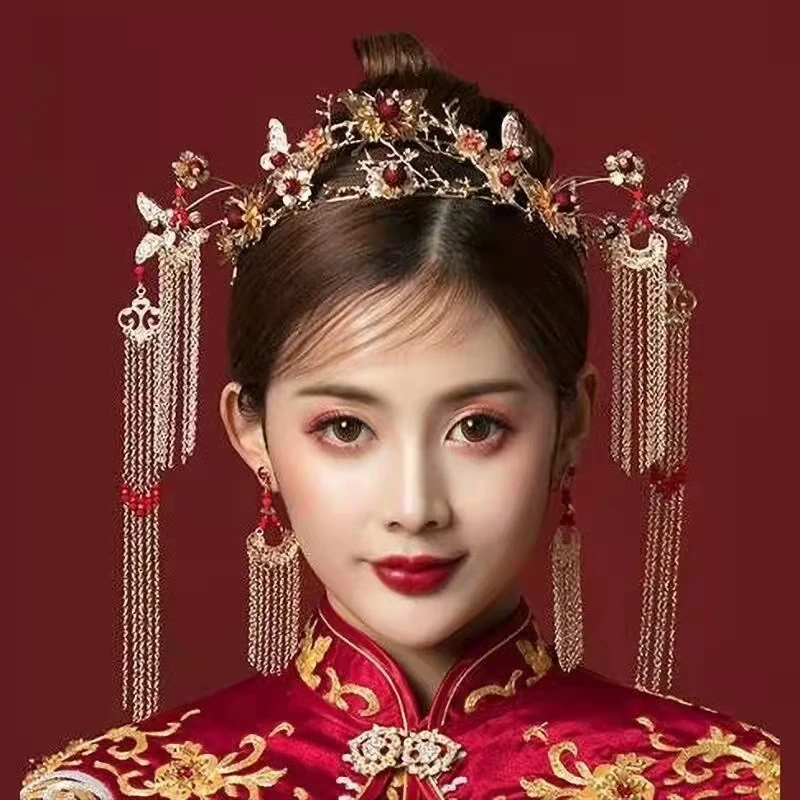 

Chinese Wedding Bride Phoenix Crown Tiara Women Princess Queen Tiaras and Crowns Bridal Headwear vintage Pearl Beaded Headband
