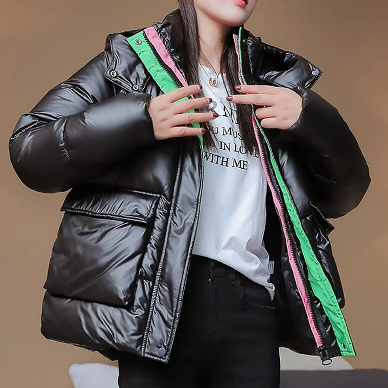 Women's Glossy Cotton Jackets, Winter Loose Coats, Korean Women's Coats, Glossy Jackets, Female Short Outerwear,