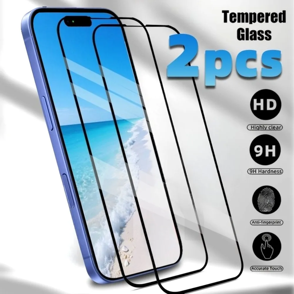 2 pçs vidro temperado ultra claro para iphone 17 16 pro max 16e 17 ar 15 14 13 12 11 pro 15 14 plus protetor de tela de cobertura completa