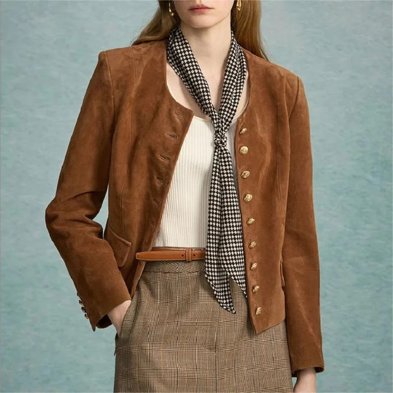Genuine Leather Cropped Jacket Women Spring Sheepskin O-Neck Metal Buttons Long Sleeve Top Kid Suede Slim Short Casaco Feminino