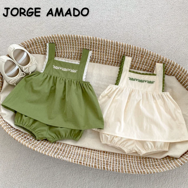 

New Summer Baby Girl Sweet Set Lace Patchwork Square Collar Sleeveless Sling Doll Shirt+Bread Shorts+Socks Newborn Clothes E2756